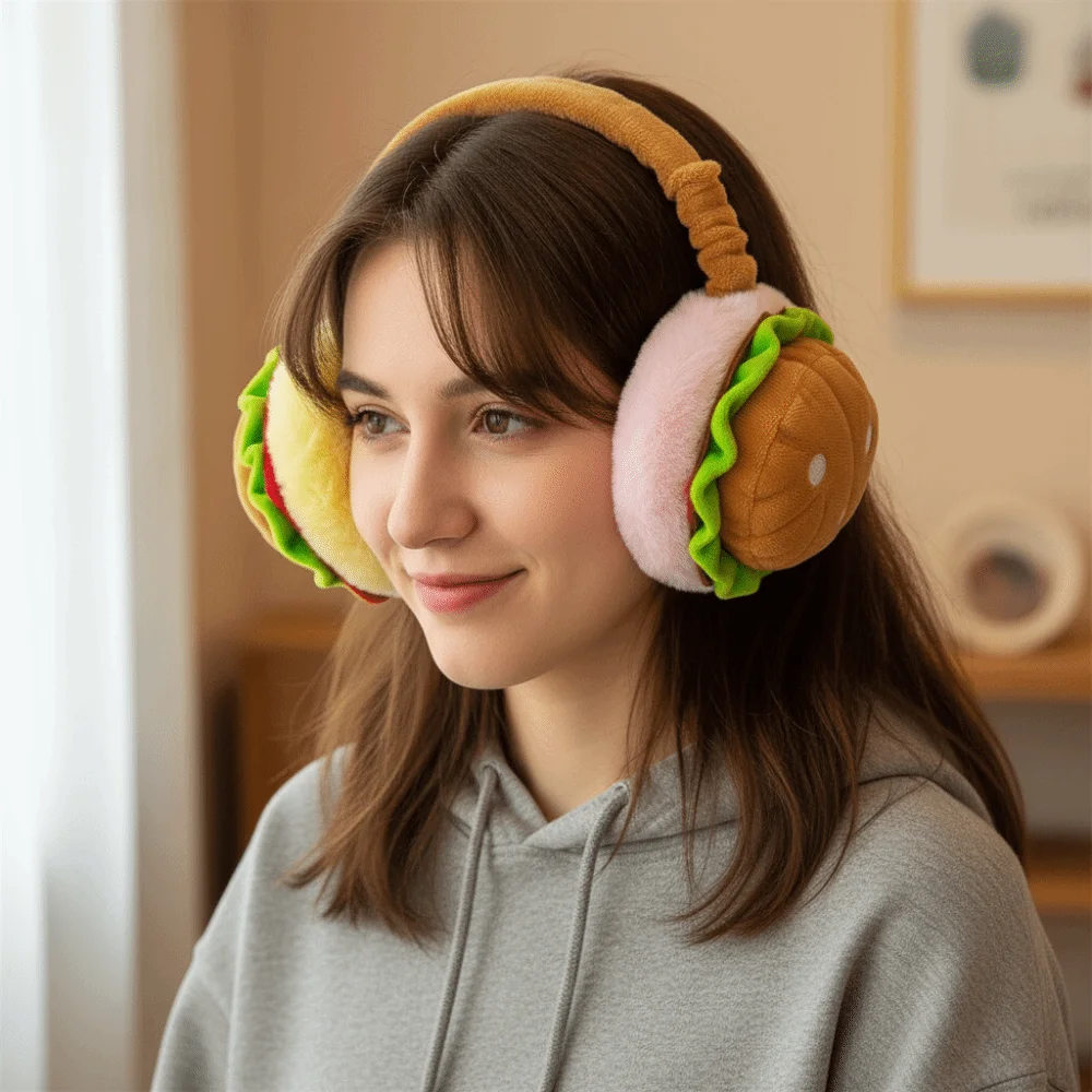 

Мягкие грелки для ушей в виде гамбургера, утолщенные ветрозащитные плюшевые забавные чехлы для ушей, плюшевые складные наушники для защиты от холода, зимние