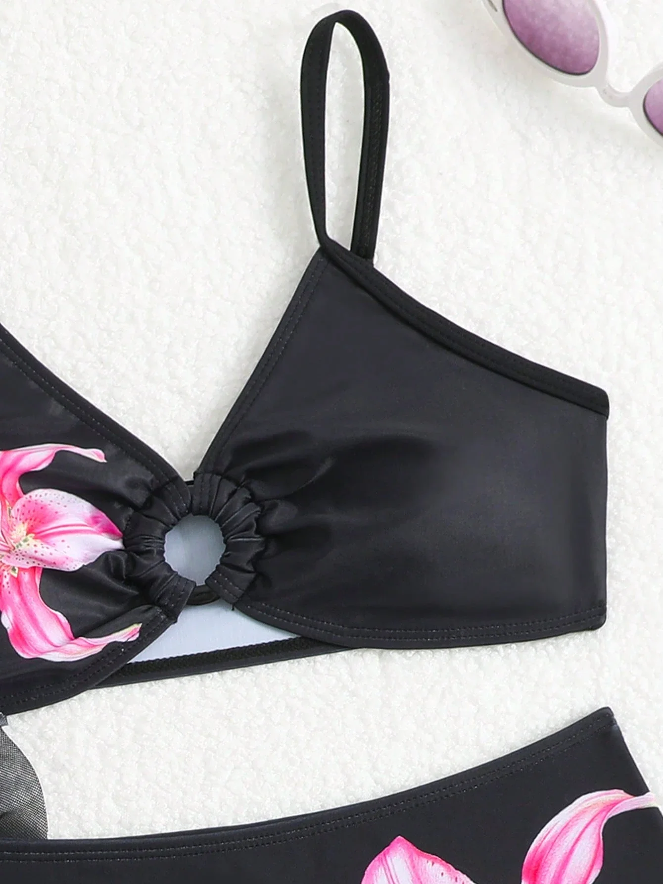 

Black Floral Print 3-Piece Bikini Set With Sheer Ruffled Pants