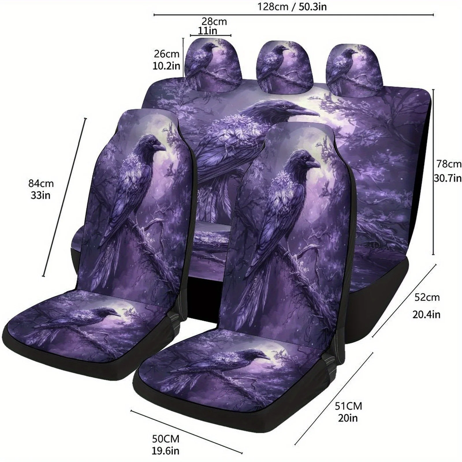 Purple Raven Moonlight Themed Car Seat Cover Set For Most Cars, Fashion Novelty Car Seat Protector Covers Full Set, Universal Ca