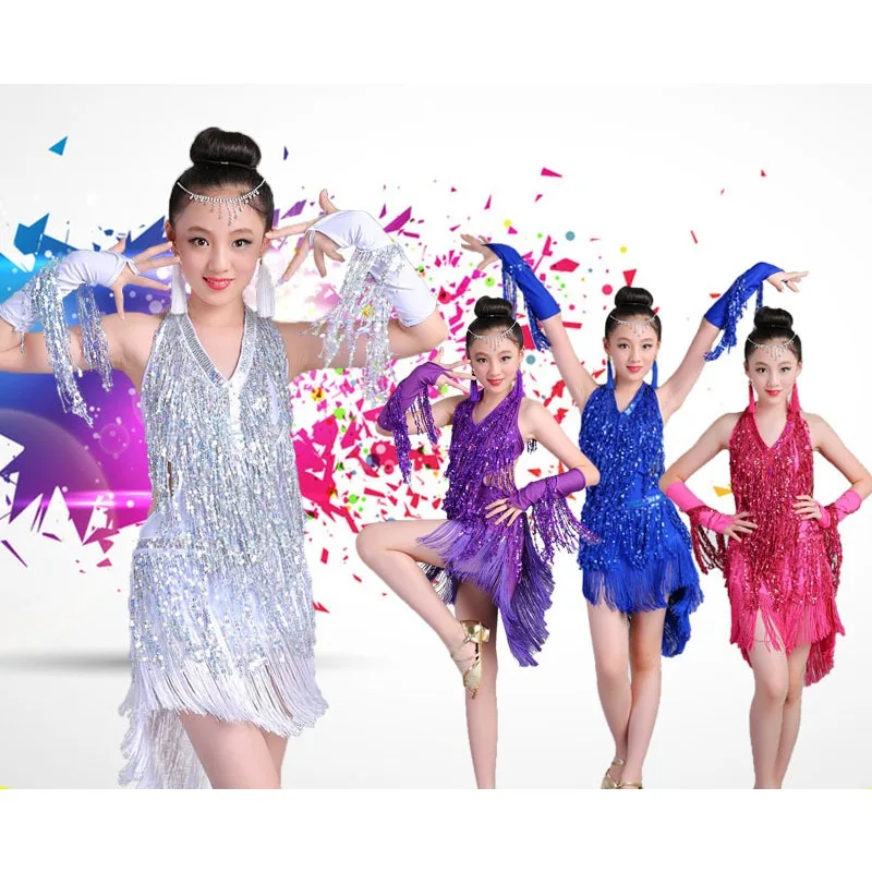 

sequin tassel professional latin dance dress for girls salsa cha cha samba tango ballroom dancing dresses kids fringe children