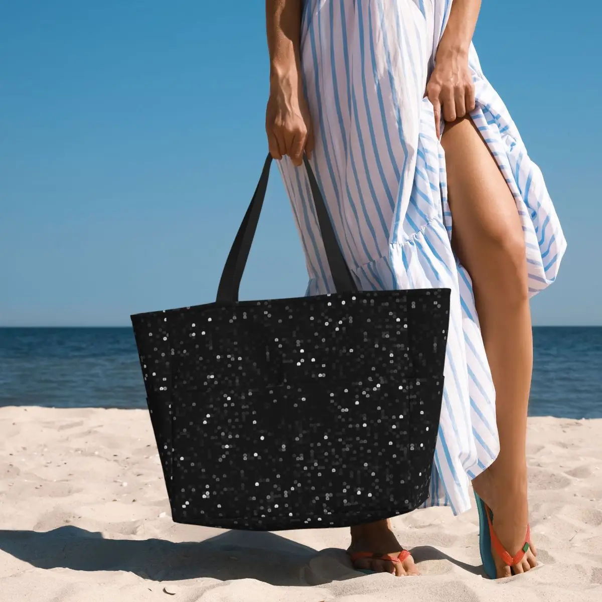 

Printed Image Of Black Sequins Beach Tote Bag Sport Gym Yoga Duffle Large Tote Bag Women Travel Bag Fitness bag