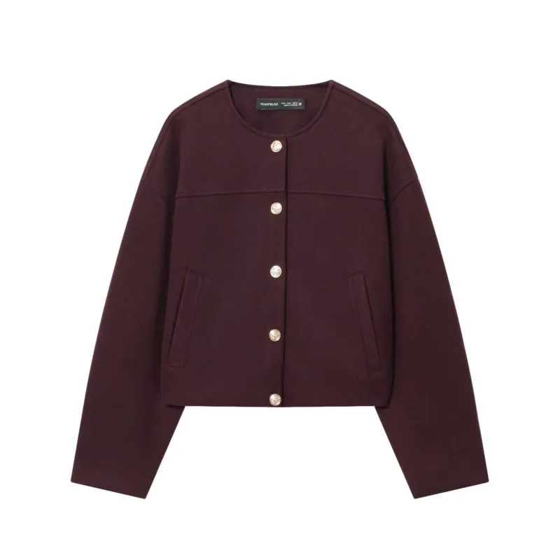 

Women Soft Jacket with O Neck Autumn Gold Butttons Pocket Women's Short Jacket Elasticated Hem Lady Coats Causal Female Tops