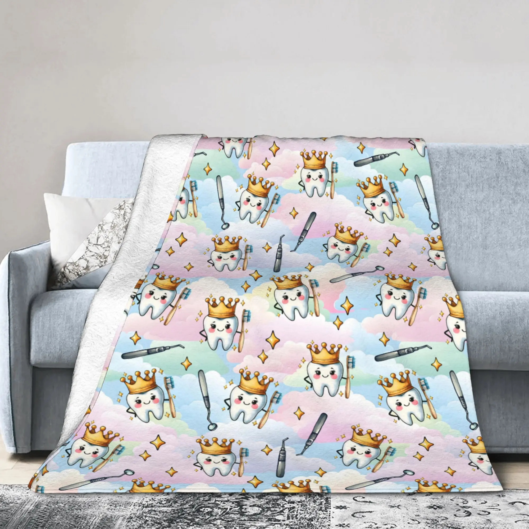 Custom Tooth Fairy Pattern Teeth Blankets Comfortable Soft Flannel Summer Care Dental Health Throw Blanket for Couch Travel Bed