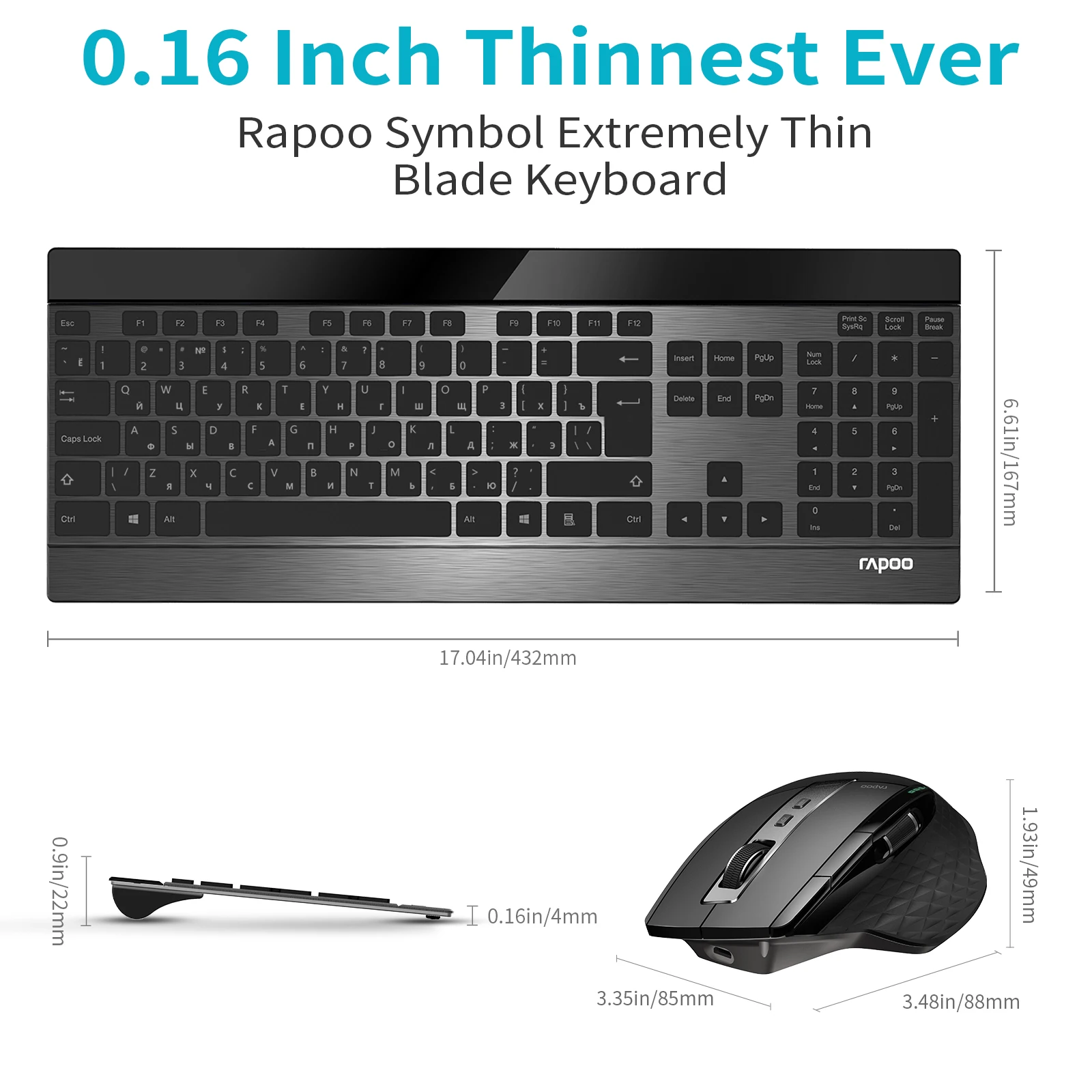 Rapoo 9900M Ultra-Slim Russian Keyboard and Mouse Combo Multi-Mode Bluetooth Wireless Silent Keyboard Rechargeable Laser Mouse