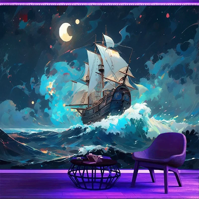 1PC Sailboat Night Art Print Backdrop Banner, Bedroom Living Room Photo Background, Polyester, Home Decor, Wall Art