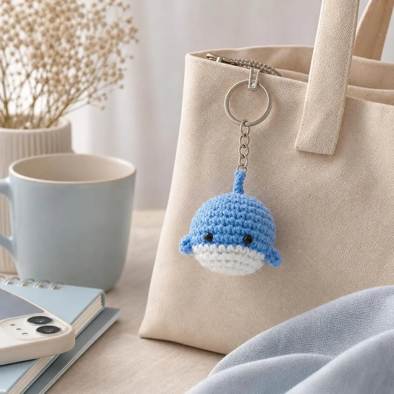 Handmade Crocheted Little Whale Keychain Wool Knitting Weaved Cartoon Cute Keyring Decor Car Key Chain Bag Pendant Gift For Girl