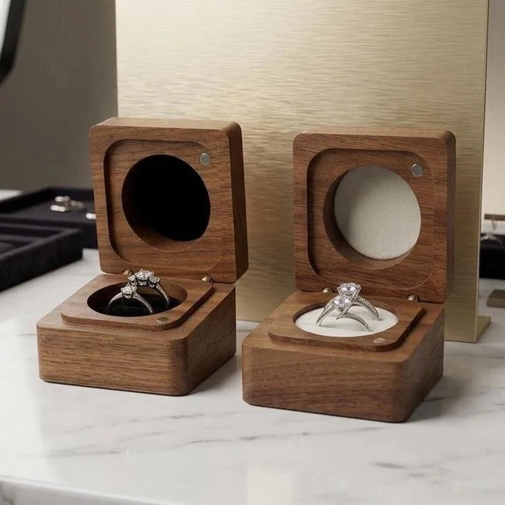 Wooden Wedding Diamond Ring Jewelry Box Square Flip Cover Proposal Ring Packaging Box Woman Earring Portable Retro Storage Box