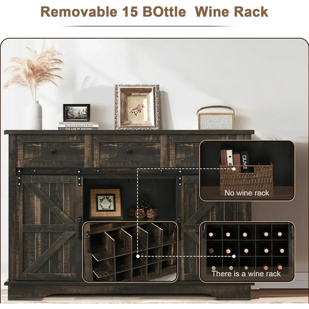 Farmhouse Wine Bar Cabinet with Sliding Barn Doors|54" Large Buffet Cabinet with 15 Wine Rack|Glass Rack