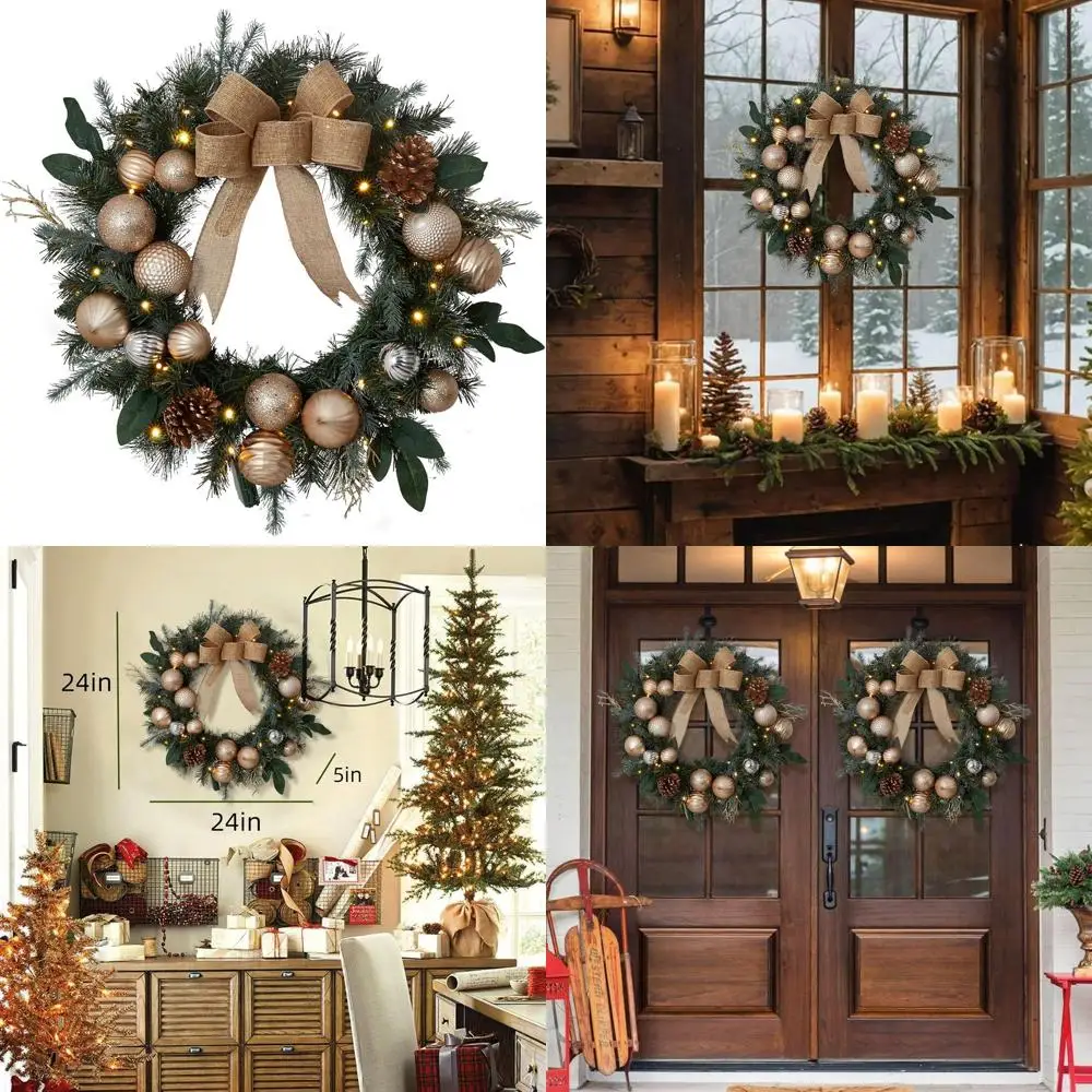 

Золотой рождественский венок на батарейках с подсветкой, 24 декорации для уличных дверей, золотой бант и шарики
