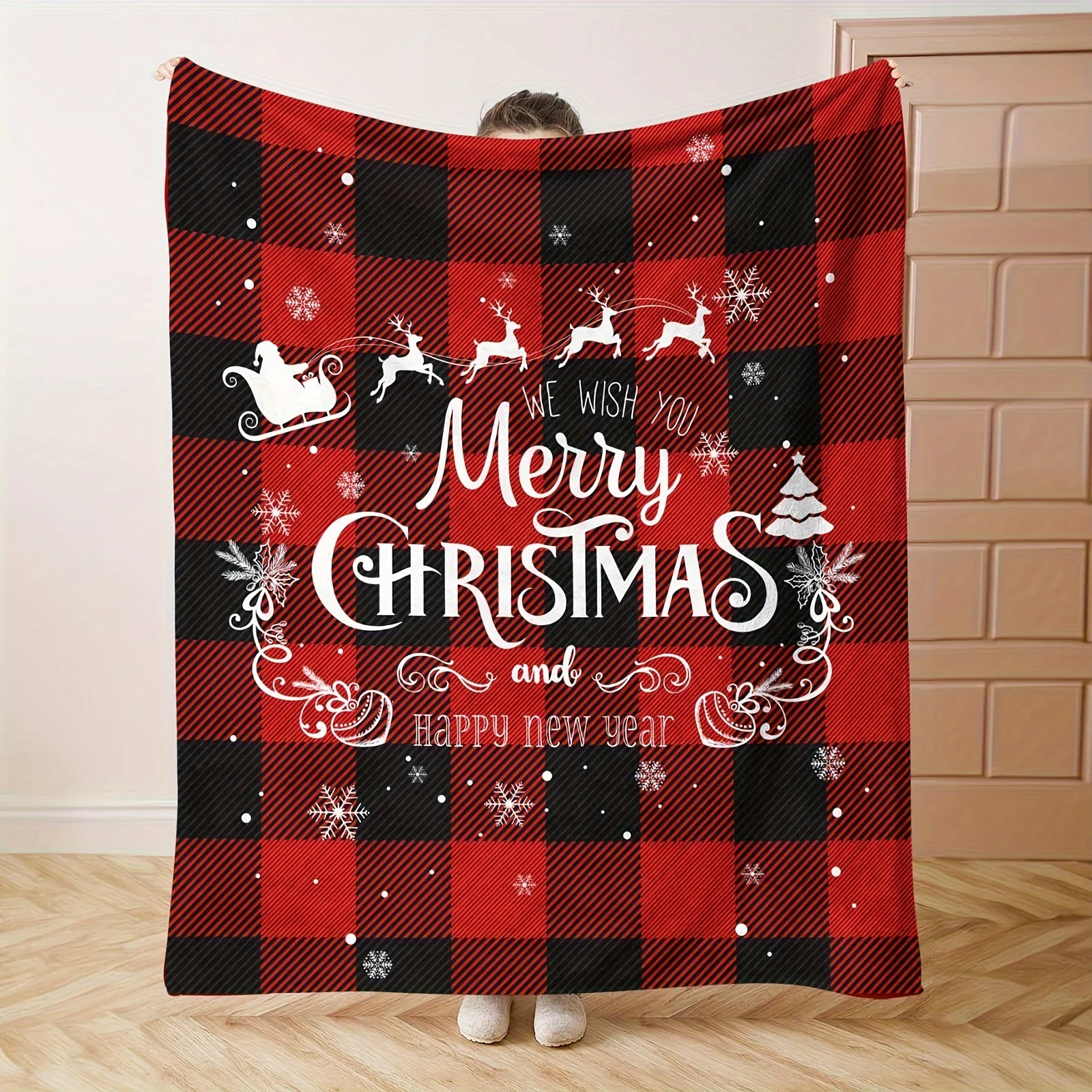 Contemporary Christmas Holiday Plaid Throw Blanket, Reindeer & Tree Design, Soft Lightweight Flannel Fleece, Red Buffalo Check D