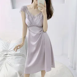 V-Neck Nightgown Lace Sleeve Sleepwear Sexy Nightdress Women Summer Home Dress Lingerie Nightwear Dressing Gown Loungewear