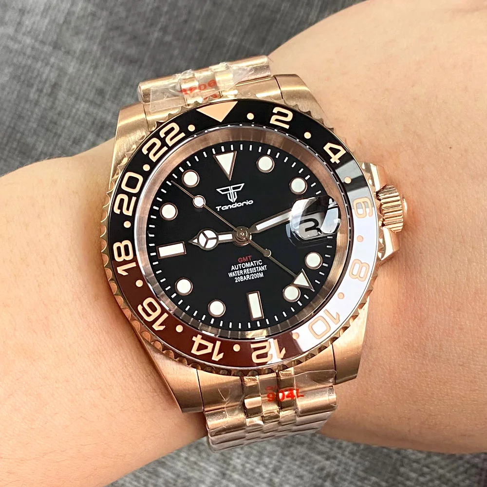 Tandorio Rose Gold NH34 GMT Mechanical Watch Men Diving Clock 904L Bracelet 120clicks Bezel Travel Clock Relogio Masculino