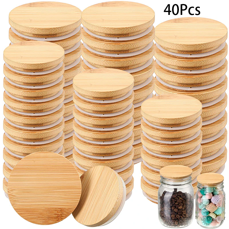 40 Pieces Bamboo Mason Jar Lids Storage Canning Jar Lids Reusable Bamboo Lids for Mason Jars for Home Kitchen