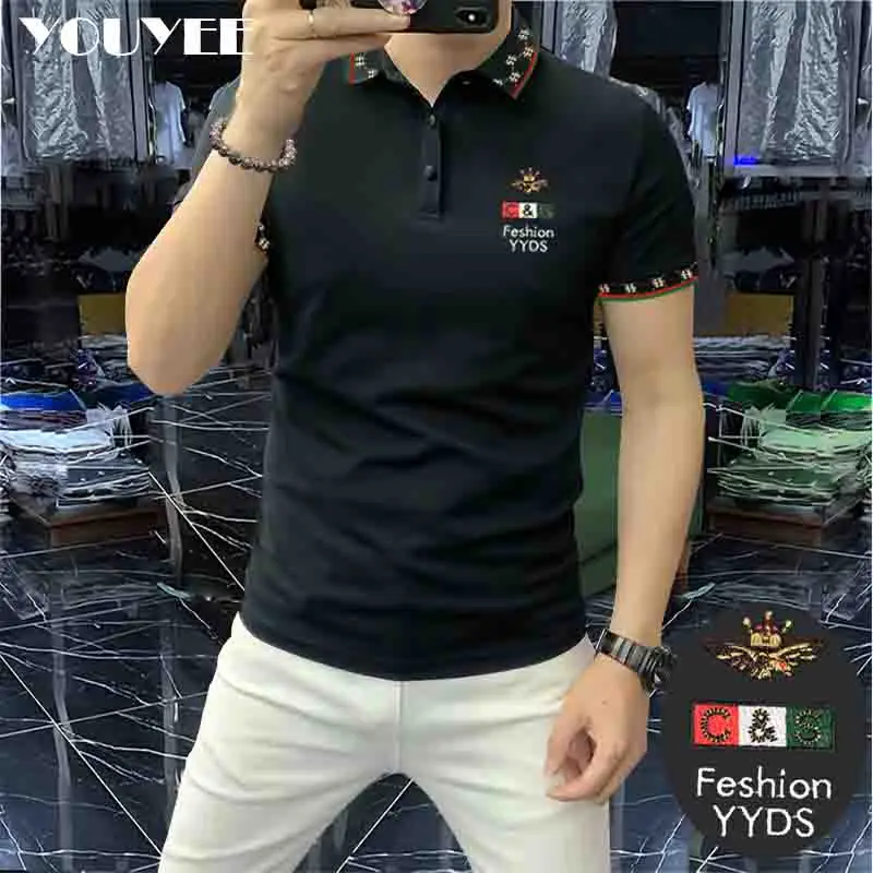 Trendy Men\'s Polo Shirt Embroidery Lapel Male Cotton Tees Versatile Summer Fashion Comfortable Top Contrast Rib Design Clothing