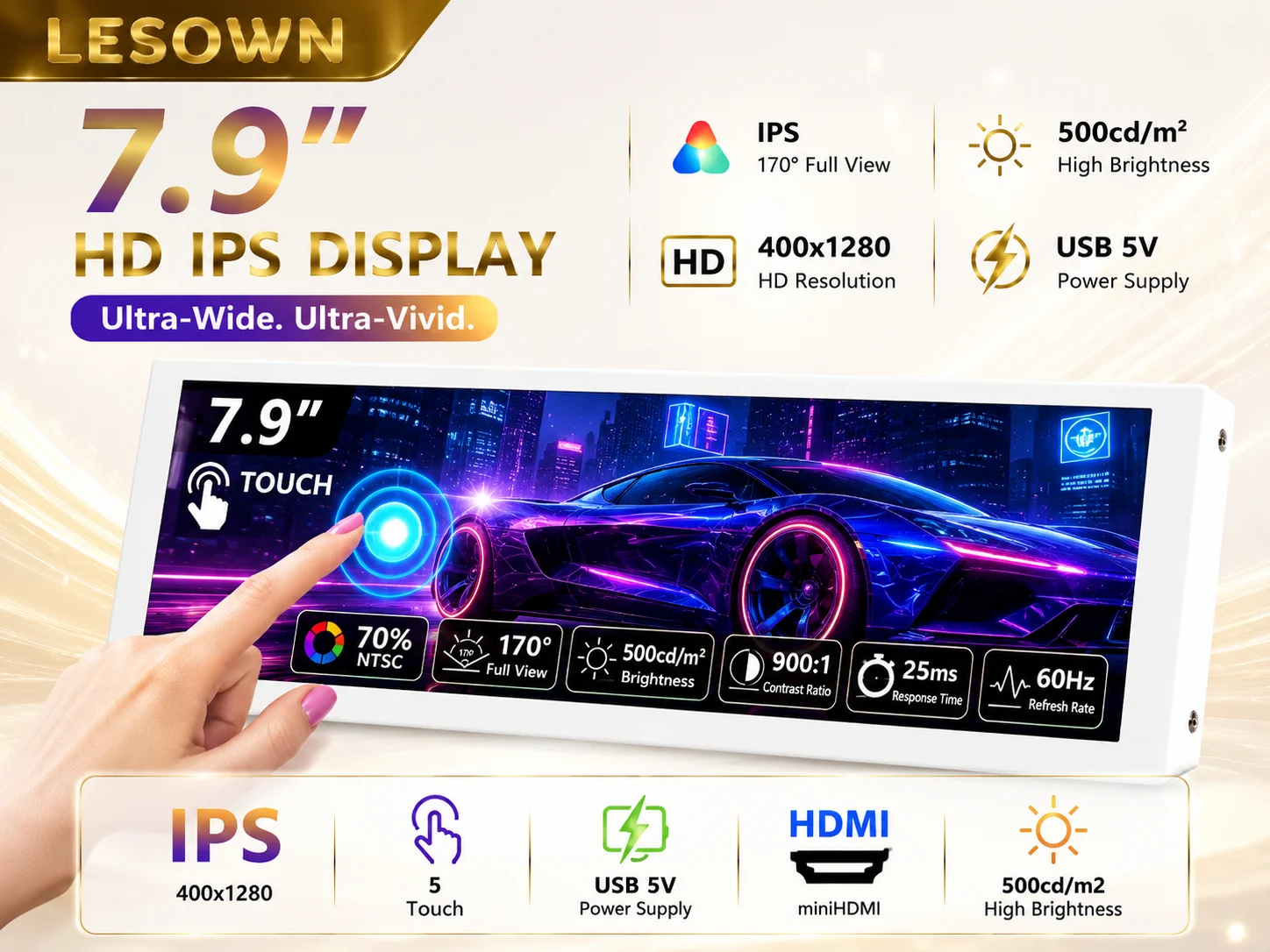 LESOWN Capacitive Touch Monitor White 7.9" Zero Setup miniHDTV AIDA64 Dashboard Panel Modding PC Case Internal Sensor Display