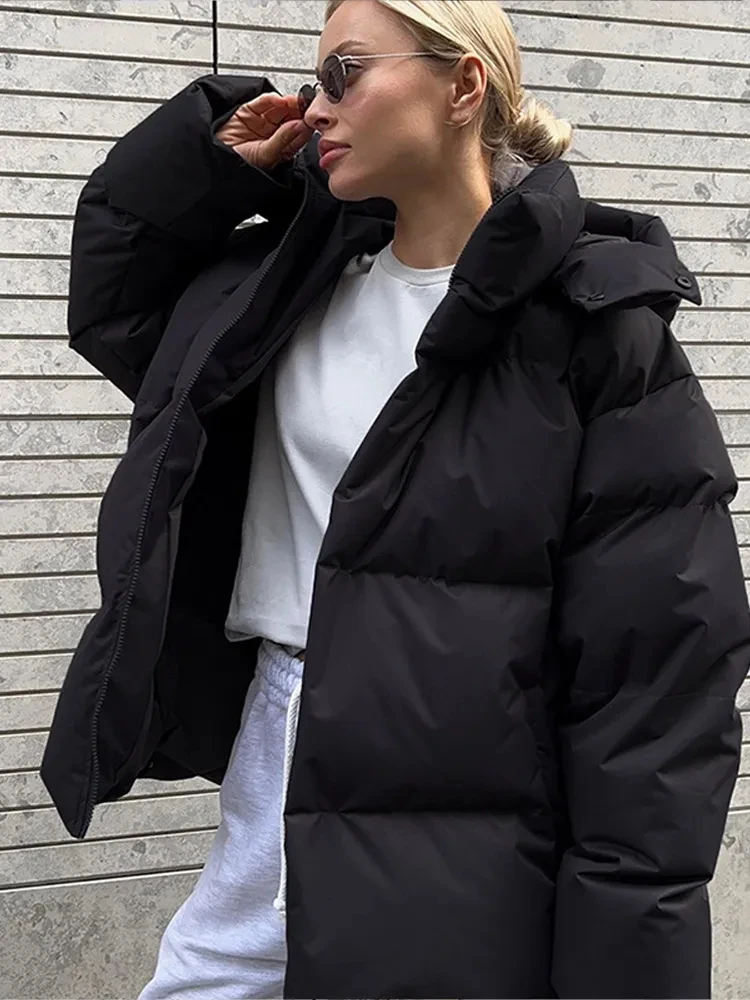 Fashion Thicken Hooded Down Cotton Jacket For Women 2023 Winter Long Sleeve Snow Coat Female Warm High Street Loose Parkas Oute