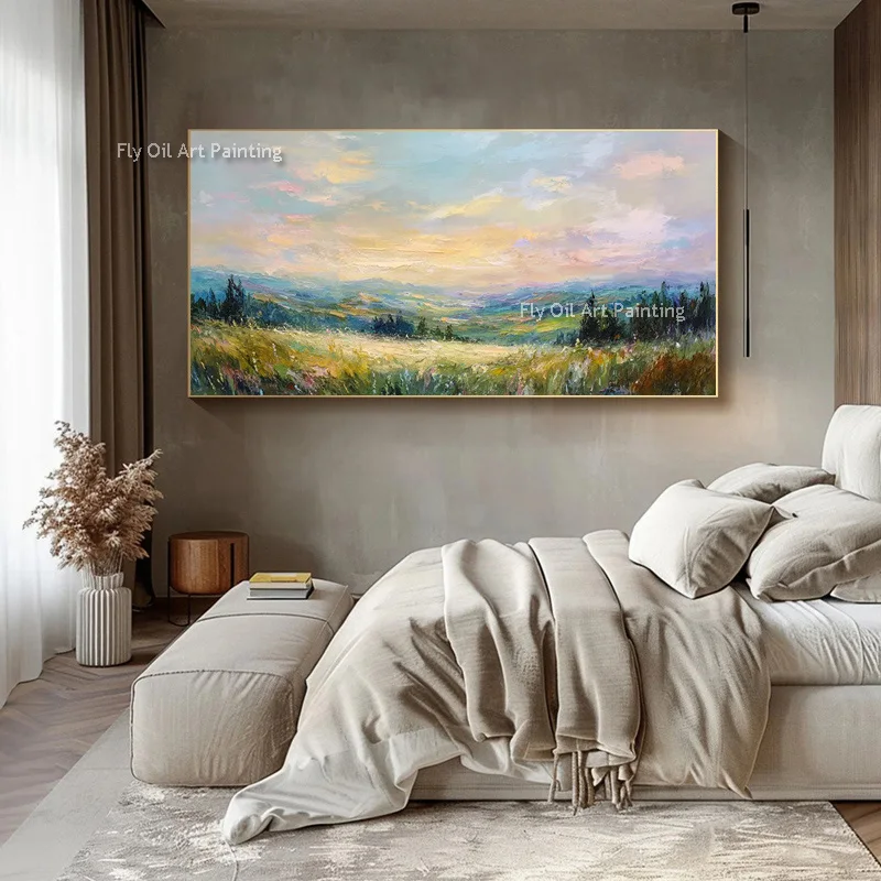 Original Hand Painted Mountain Meadow Oil Painting, Thick Texture Sunset Country Canvas Wall Art, Farmhouse Home Decoration