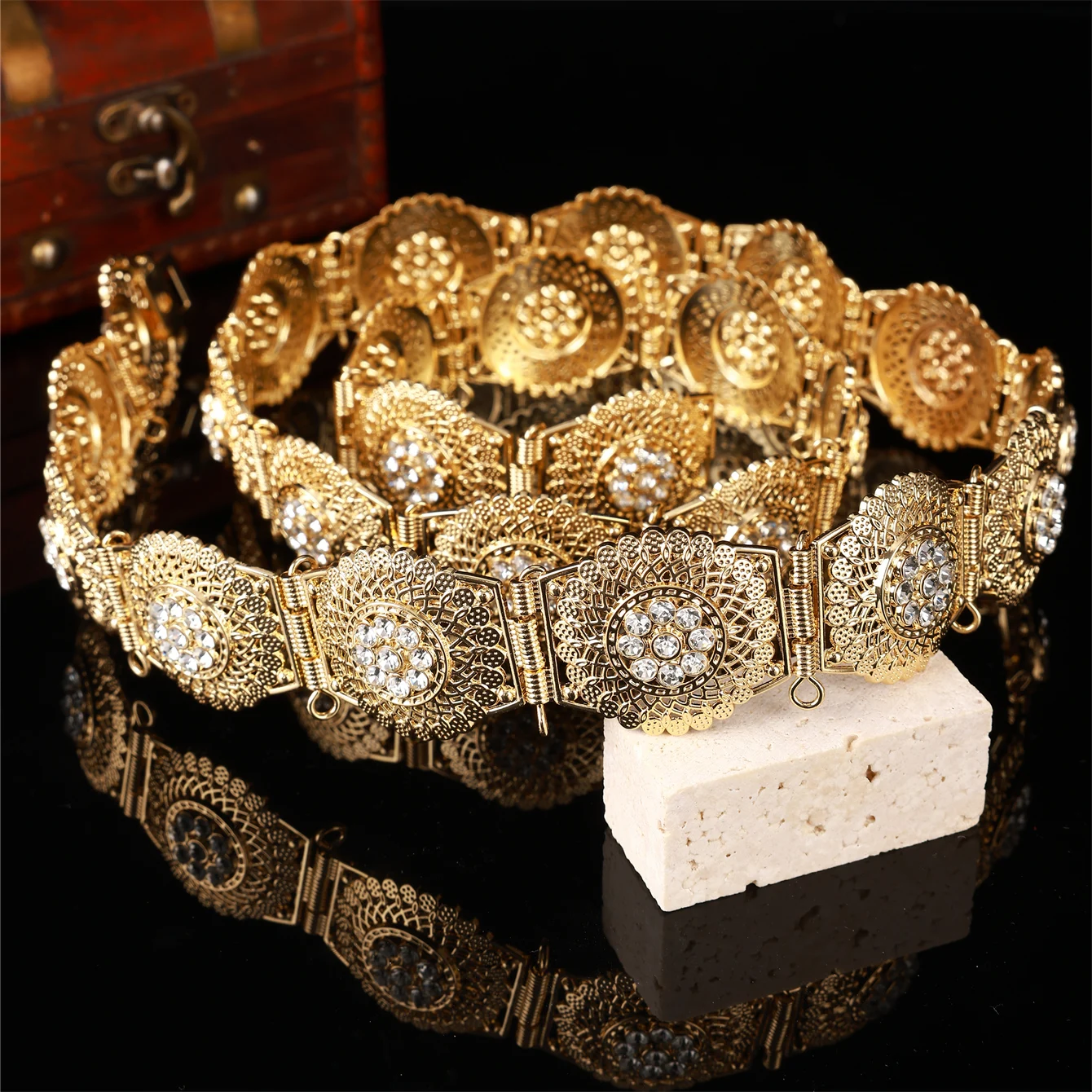 Moroccan Style Metal Women's Belt Palace Hollow Carving Set With Lots Of Rhinestone Bridal Jewelry