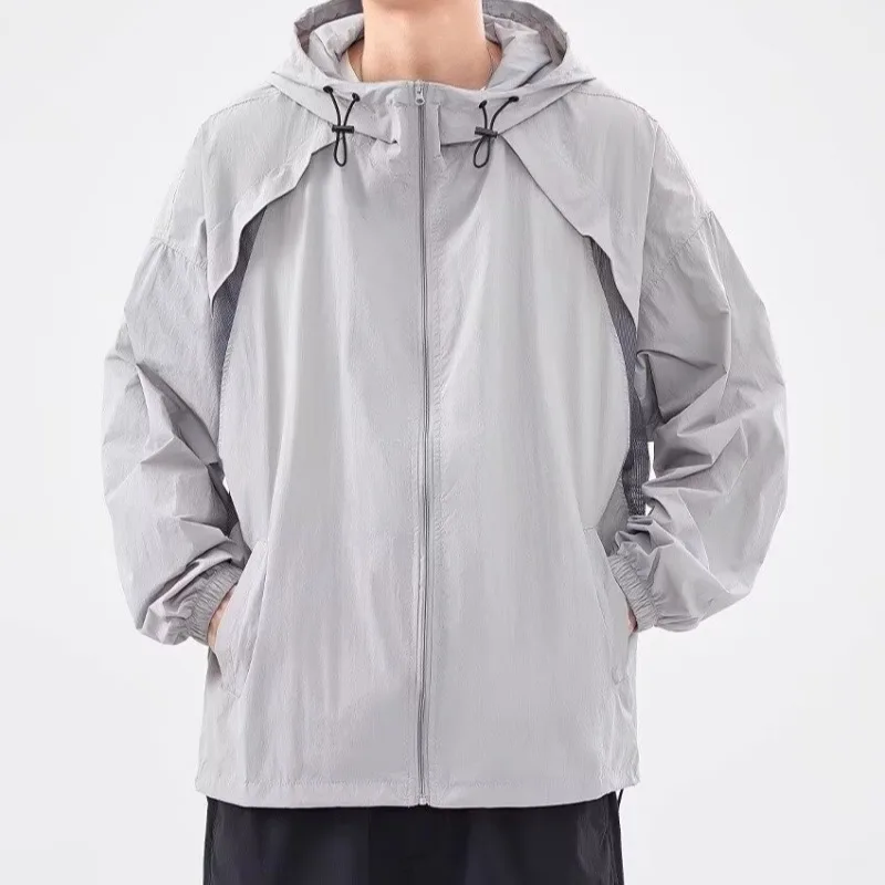 

Мужская летняя легкая куртка из ледяного шелка с защитой от УФ-излучения, дышащая, с отверстиями под мышками, с капюшоном, свободного кроя, повседневная верхняя одежда