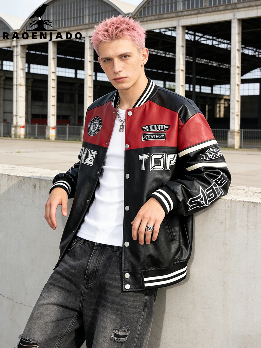 

Men's Faux Leather Jacket Colorblock Racing Biker Coat Vintage Bomber Varsity Outerwear Baseball Streetwear with Fine Embroidery