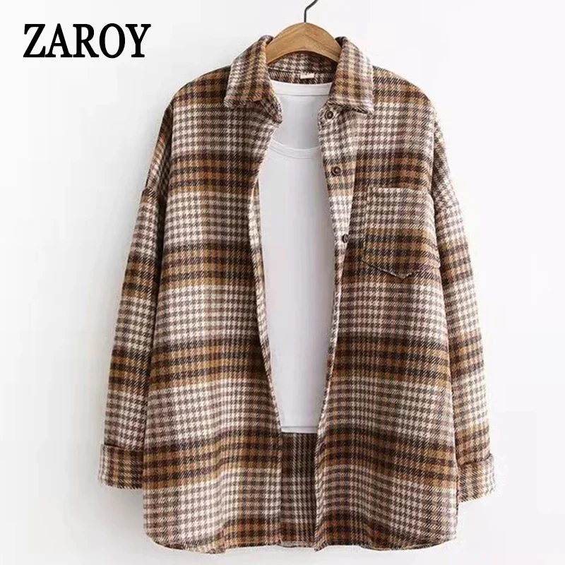 Korean dongdaemun 2024 Spring Autumn Plaid Thicken Woolen Shirts for Women Long Sleeve Lapel Blouses Tops Casual Female Camisas