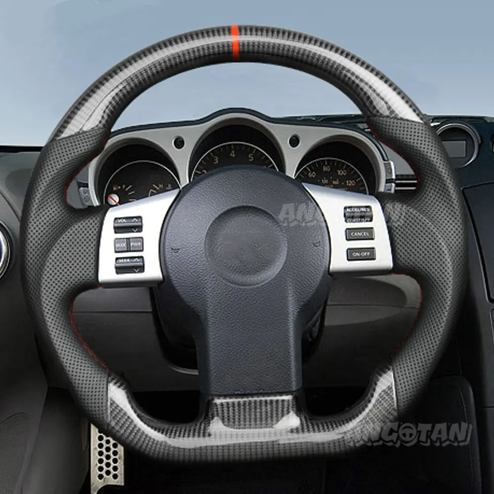 

Real Carbon Fiber Steering Wheel Red Stitching D-Type Flat Bottom For Nissan 350Z 2003-2008 Perforated Leather Car Accessories