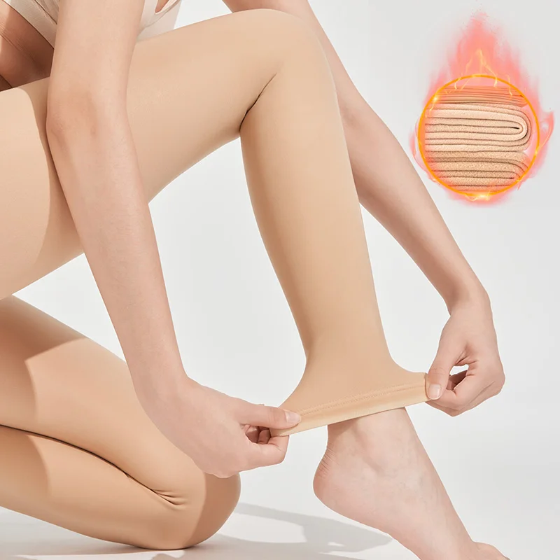 

Winter Thermal Thicken Cropped Pants Tights Women‘s Skin Color Fleece Lined Warmer Pantyhose Leggings JK Lolita Japanese Style