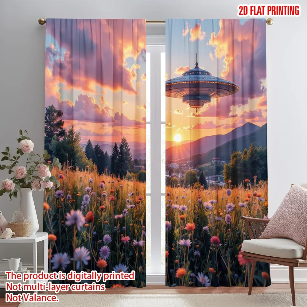 

2D flat printing 2pcs Curtain UFO Over Flower Field Digital Printed Polyester Drapes Family Party for Indoor Celebrations Room