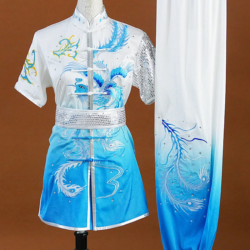Martial Arts Uniform Embroidered Phoenix Men Women Kids Kung Fu Suit Changquan Nanquan Adult Team Competition Costume Custom
