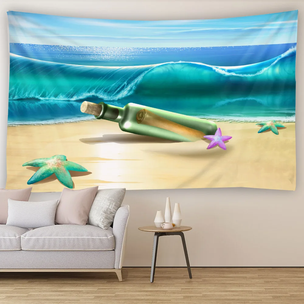 Dreamy Sea View Beach Drifting Bottle Starfish Tapestry Wall Hanging Living Room Aesthetics Home Decoration Starry Sky Ocean Bac
