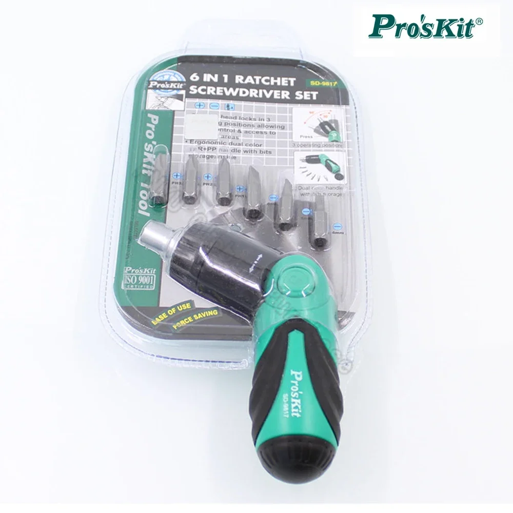 Pro'sKit 6 in 1 SD-9817 Multi-functional Ratchet Screwdriver Set Replaceable Household screwdriver sub set Repair removal tool