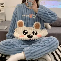 Autumn Winter Warm Flannel Women Long Pajama Sets Thick Coral Fleece Cute Girl Cartoon Sleepwear Flannel Female Pajamas Fashion