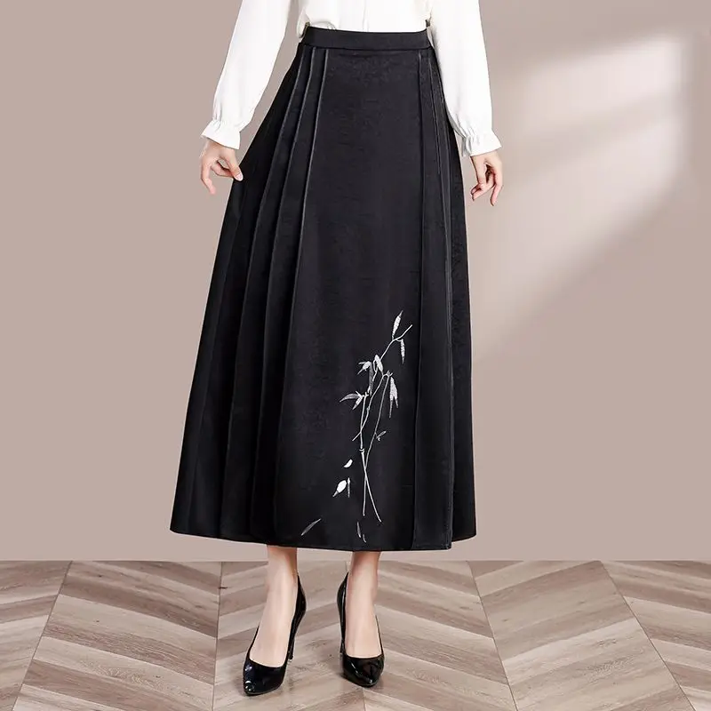 Women Chinese Style Bamboo Embroidery High Waist A Line Maxi Skirt Elegant Casual Long Swing Skirt