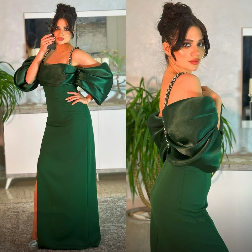 Robe de Soirée en Satin Plissée avec Perles, Ligne A, Bretelles Spaghetti, sur Mesure, pour Occasions Formelles, Mi-Longue