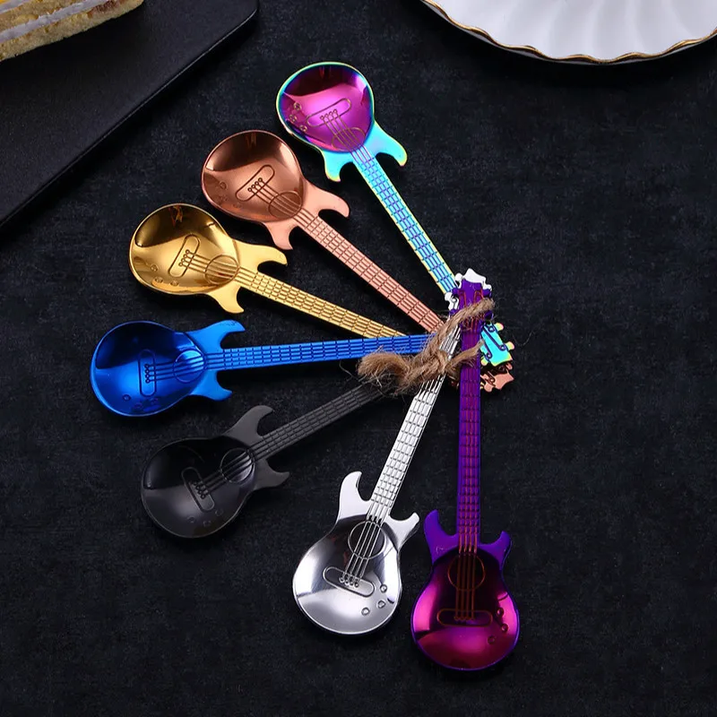 304 Stainless Steel Guitar Tableware Coffee Spoons Ice Cream Dessert Spoon Create Gold Black Cutlery Kids Drinking Tea Scoop