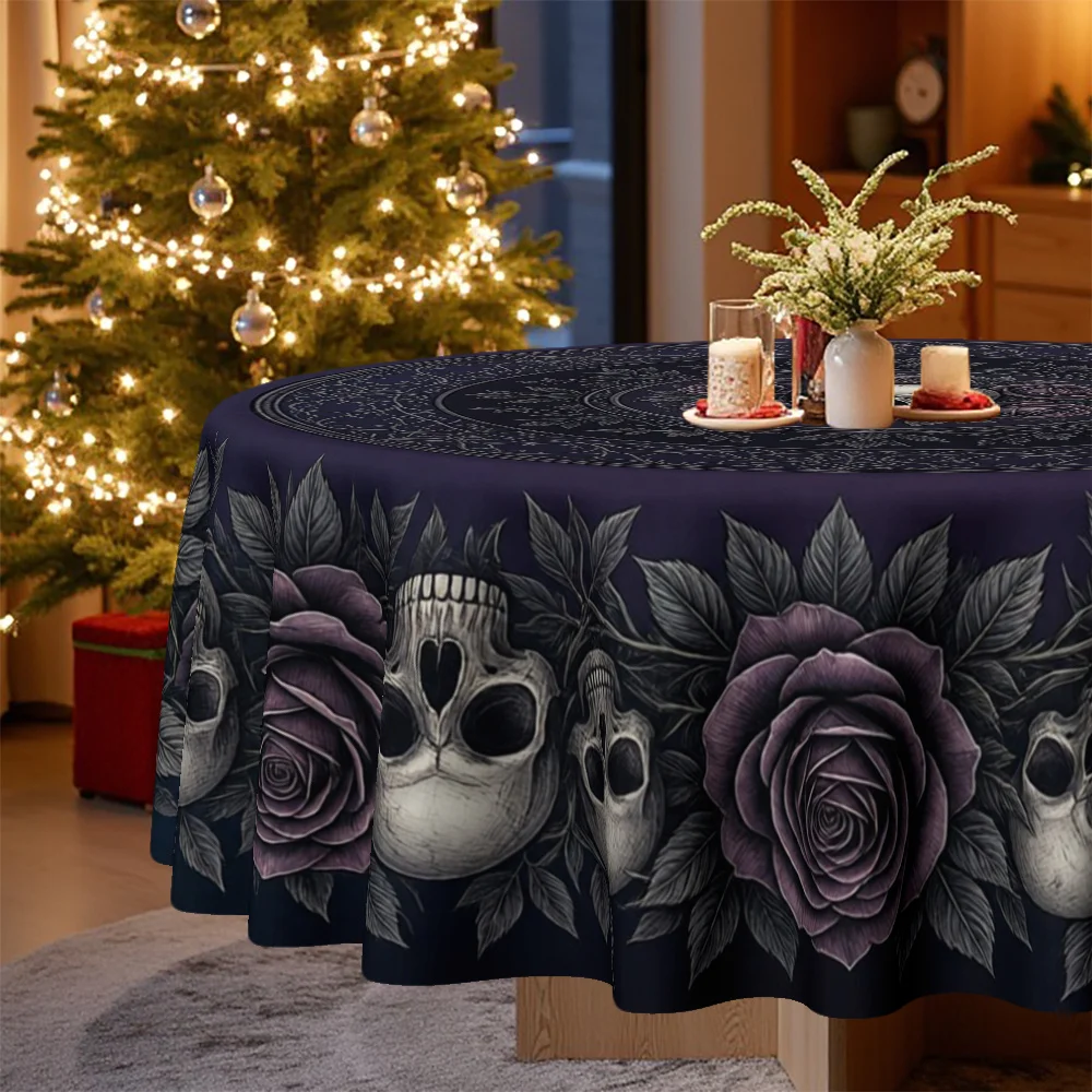 1 tablecloth, Halloween themed Gothic style, rose and skull round printed tablecloth, suitable for dining tables, kitchen tables