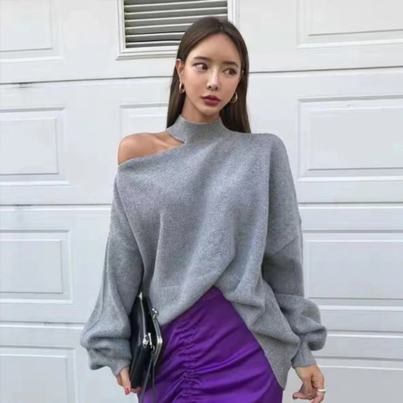 Autumn Off Shoulder Hanging Neck Sweater Women\'s Long Sleeve Solid Color Pullover Irregular Temperament Top