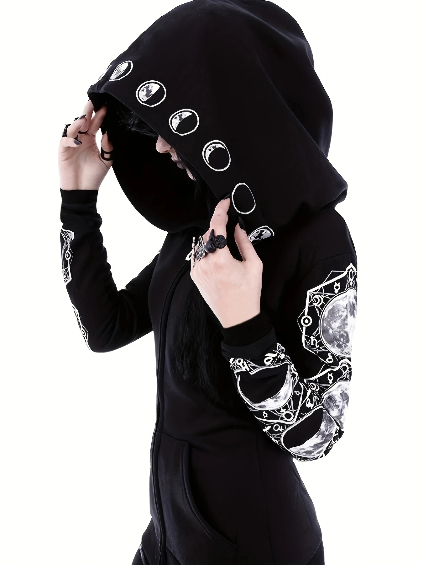 Y2K Gothic Moon Hoodie - Women\'s All-Season Zip-Up with Front Pocket | Comfortable Polyester Blend | Geometric Pattern