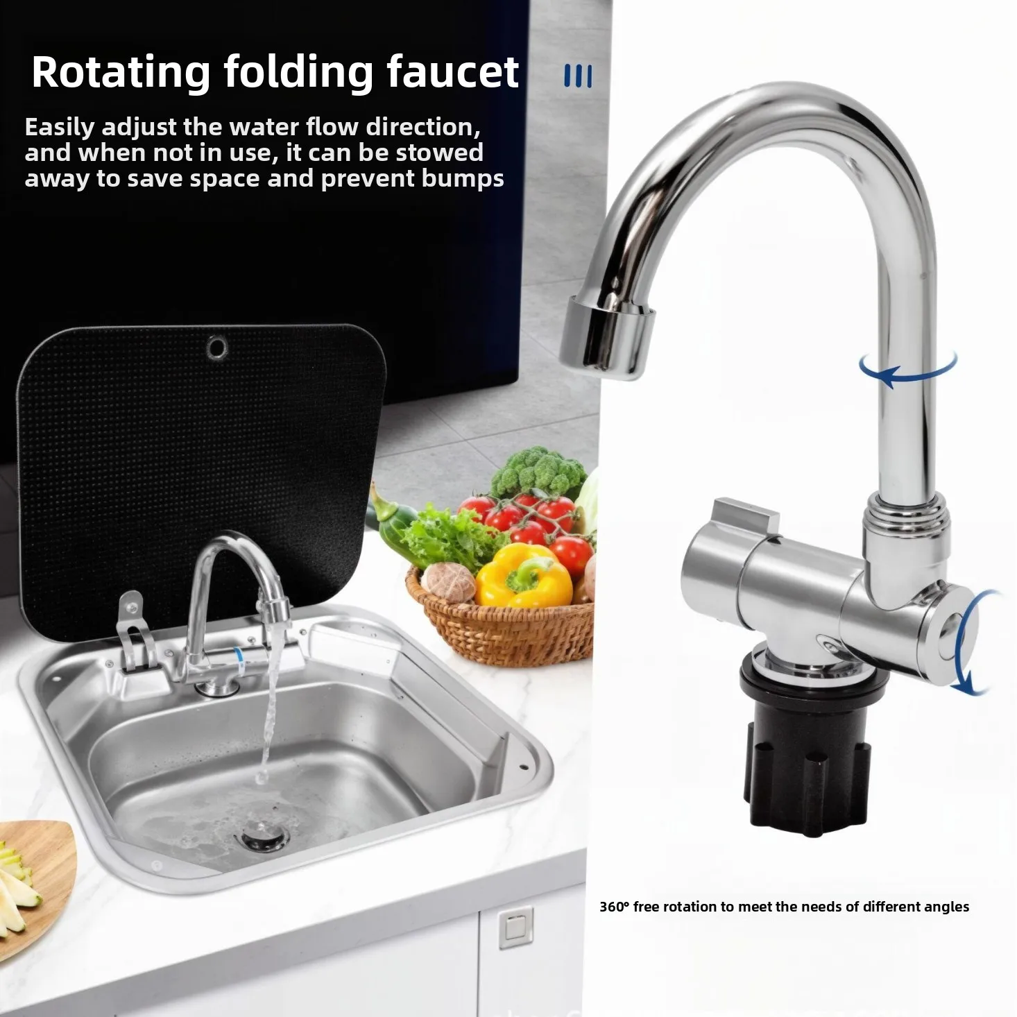 Cross-border Exclusive RV Sink Folding Flip-up Faucet 304 Stainless Steel square Deck Mounted Kitchen Vegetable Wash Basin