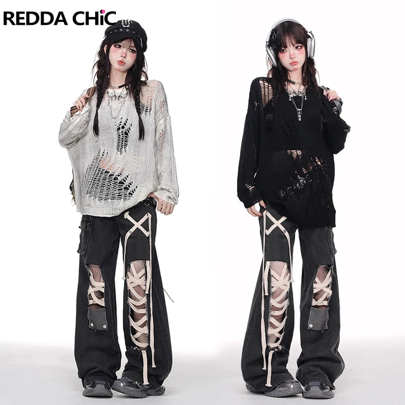 

REDDACHiC Ribbon Ripped Holes Baggy Jeans Women Vintage Black Pockets Wide Leg High Rise Cargo Pants Dark Punk Grunge Streetwear