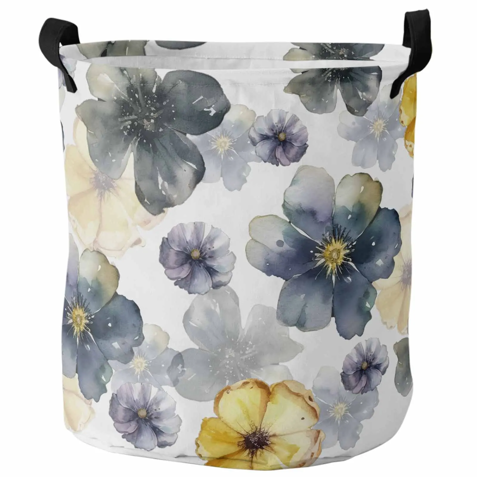 Plant Lemon Yellow Blue Purple Flower Watercolor Dirty Laundry Basket Foldable Waterproof Organizer Clothing Toy Storage Basket