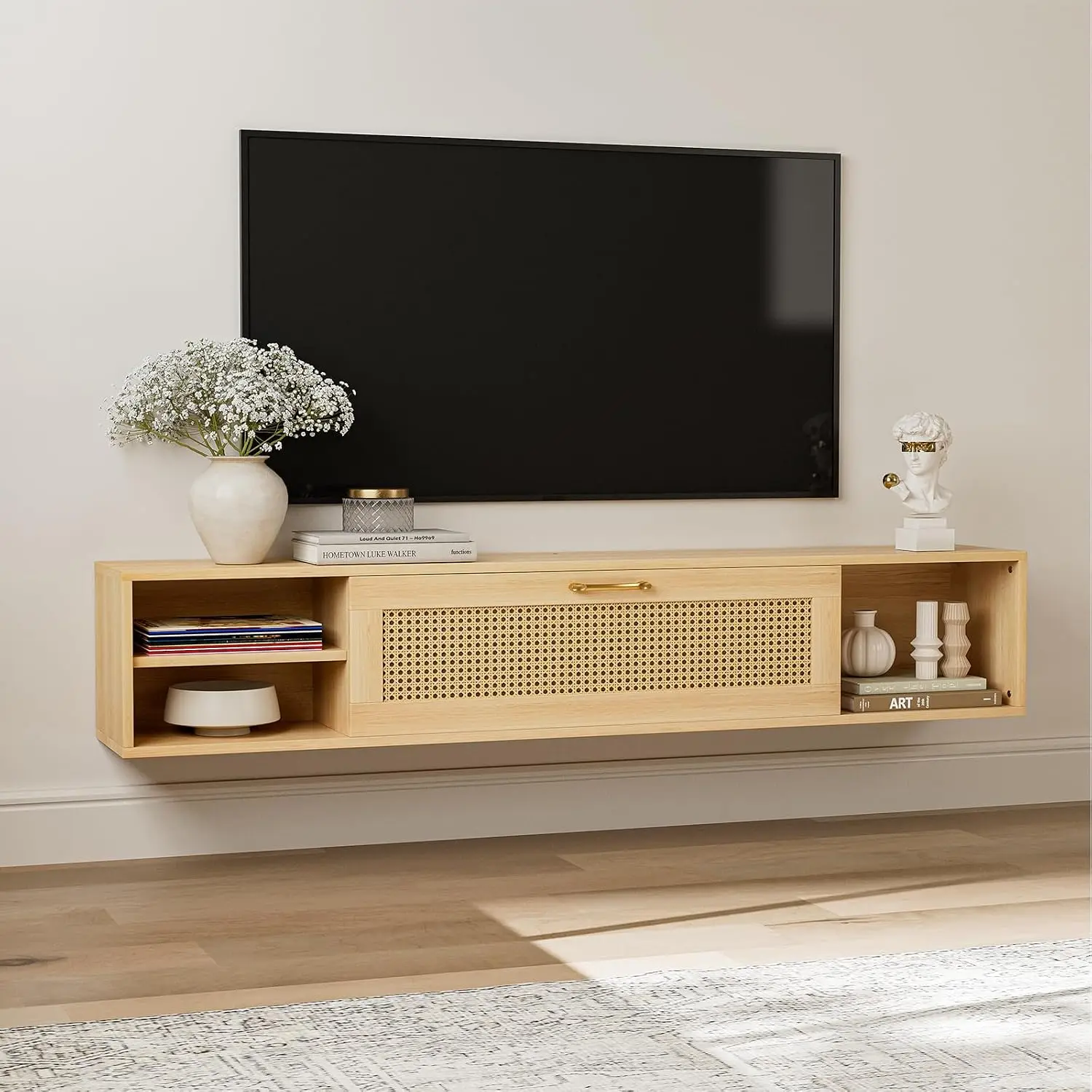 IKIFLY Floating TV Stand Rattan Door Storage Shelf Wood Mid Century 50-75 Inch Wall Mounted Living Room Entertainment Console, C