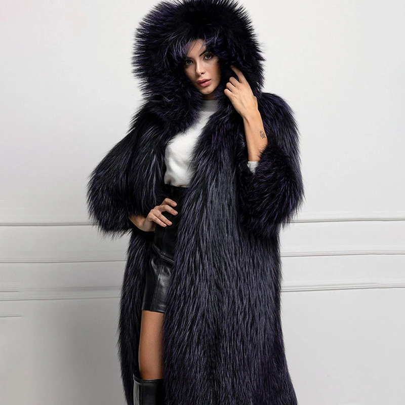 Genuine Sliver Fox Hooded Fur Coat Women Luxury Streetwear Thick Black Outertwear Winter Fashion Natural Fox Fur Female