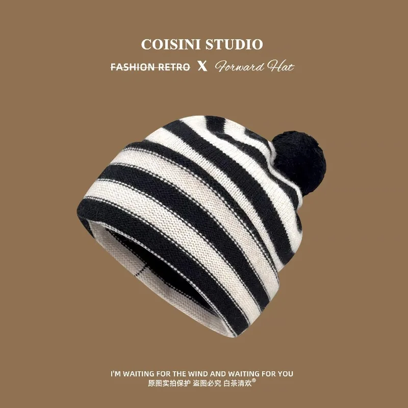 

Высококачественные вязаные шапки-бини из 100% шерсти с контрастными полосами для женщин, осенне-зимние, повседневные, универсальные, в литературном стиле