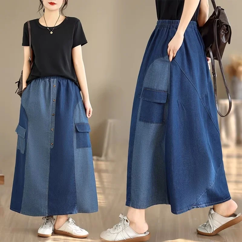 

Летняя джинсовая юбка женская, ретро, новинка 2026, свободный крой, стройнящая, А-силуэт, повседневная, с пэчворком, j318