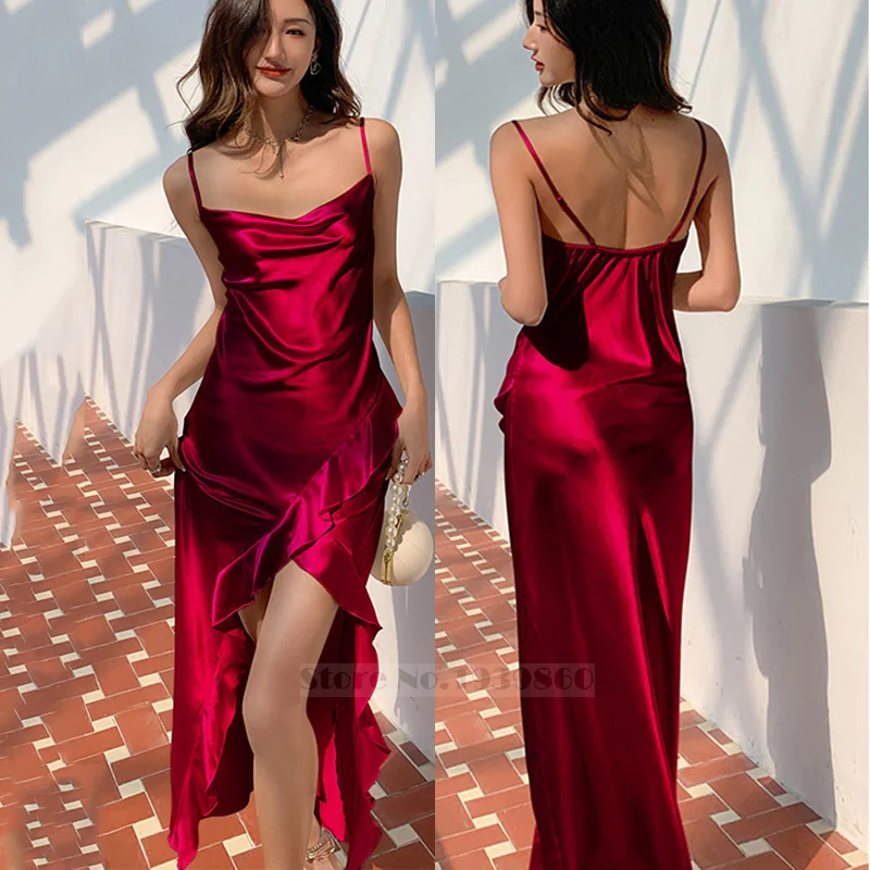 Burgundy Chemise Nightgown Women Sexy Long Split Suspender Nightdress Sleepwear Spring Summer Satin Nightwear Loose Home Wear