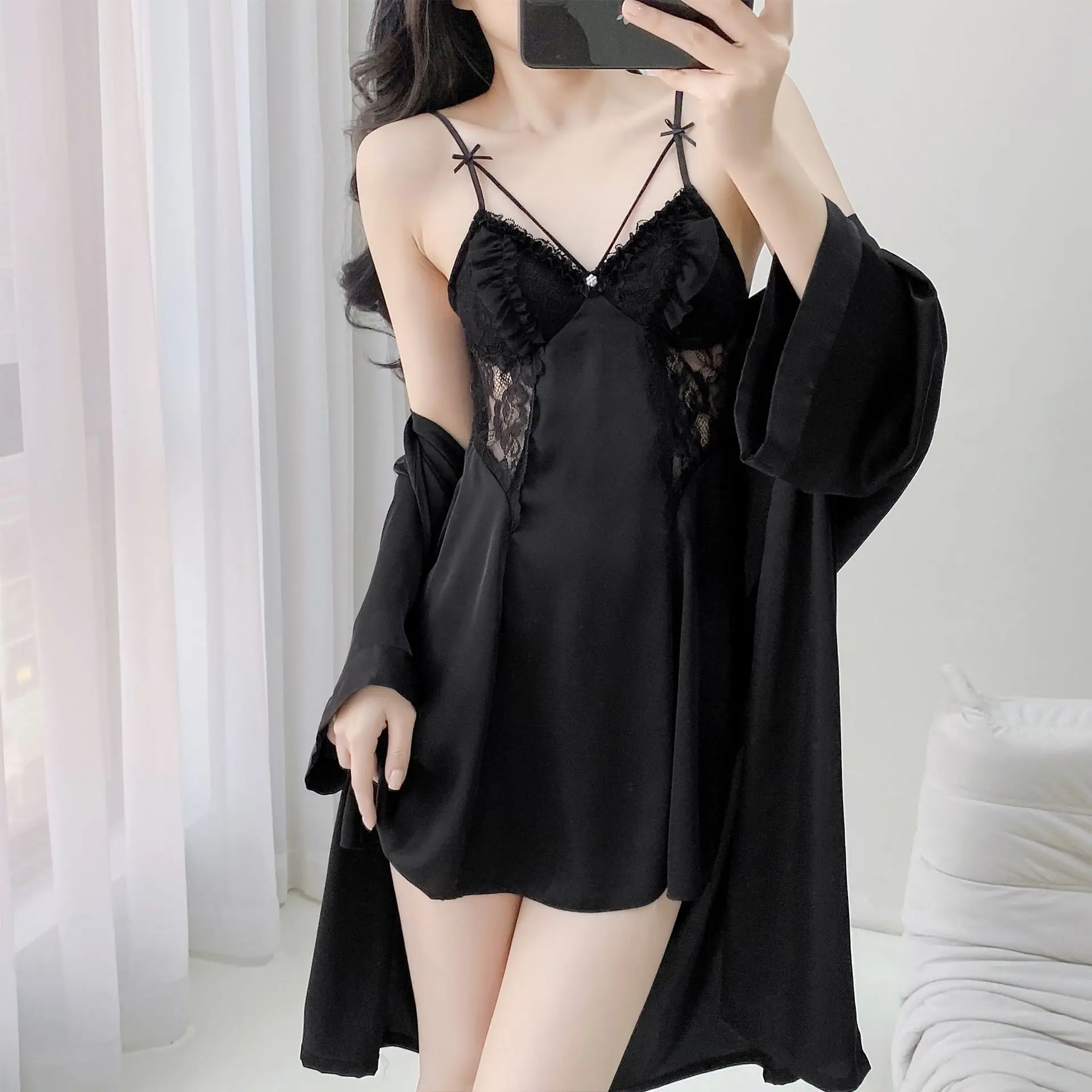 

Sexy Wedding Robe Lace Hollow Out Nightgown Sleepwear Set Summer Female Nightwear Rayon Bathrobe Casual Home Dress