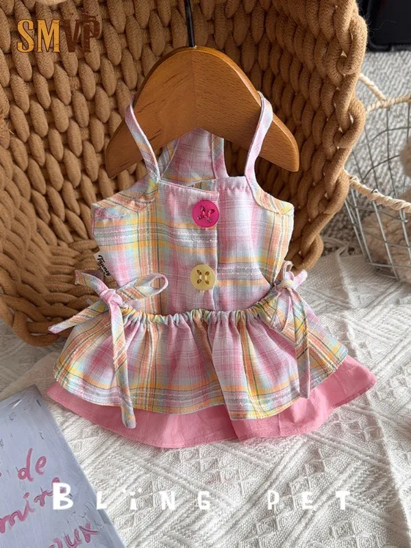 Forest Style Double Layer Pet Plaid Suspender Dress Drawstring Ruffle Big Dress Buttons Decor Thin Summer Outfit for Small Pets