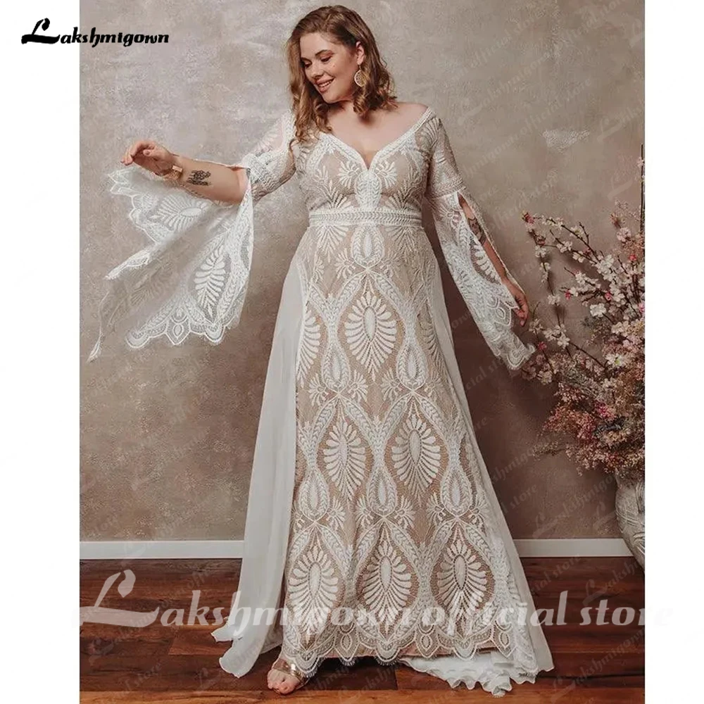 Lakshmigown Bohemian Boho Hochzeitskleid aus Spitze und Chiffon mit langen Ärmeln, offenem Rücken, V-Ausschnitt, Übergröße, Vestidos De Novia, maßgeschneidert. – Detail 4