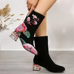 Women Flower Embroider Ankle Boots Winter Fashion Colorful Rhinestone Square Heels Zipper Motorcycle Short Boots Retro Shoes